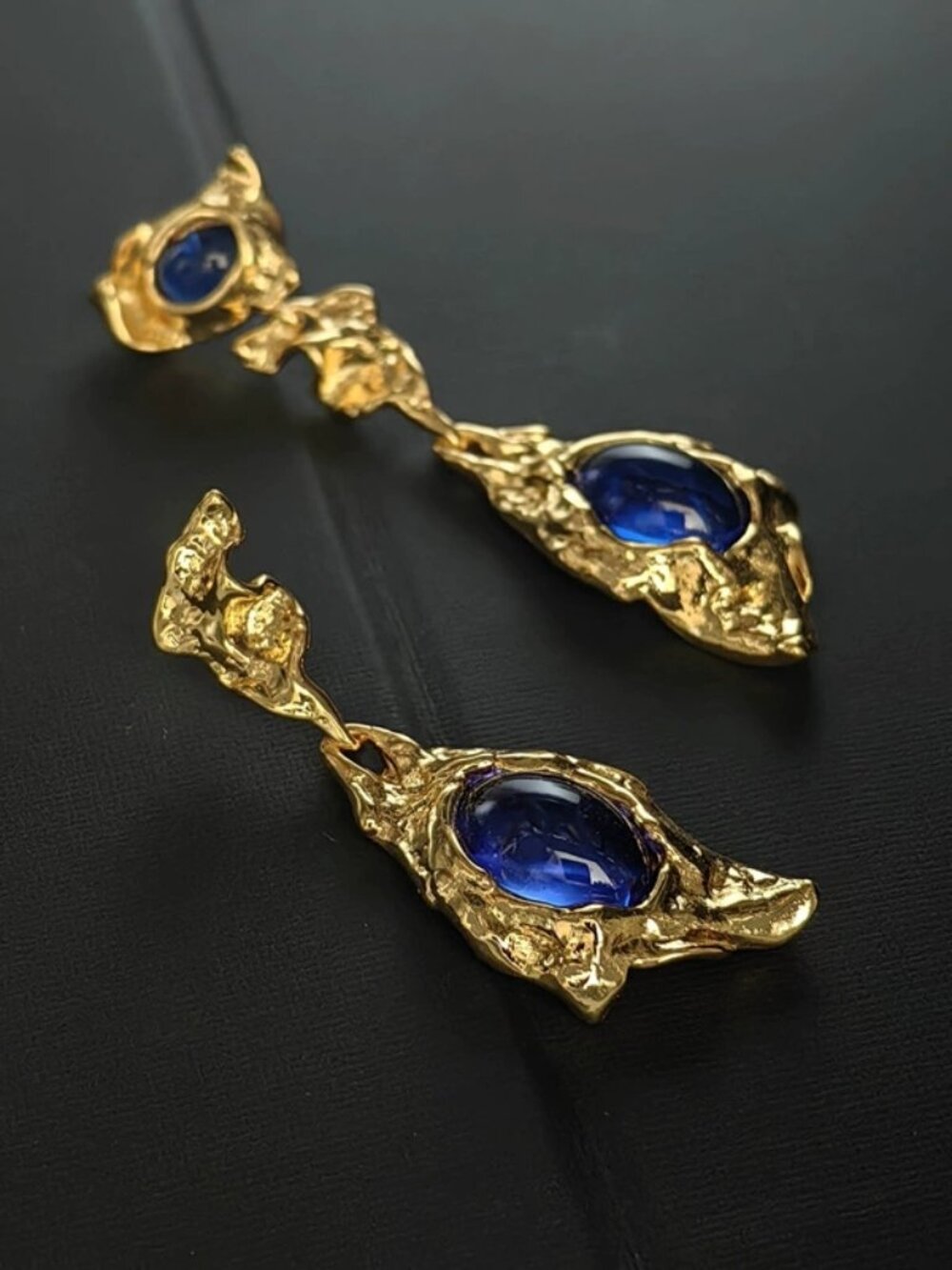 Sculptural Gold-Tone Blue Gem Drop Earrings